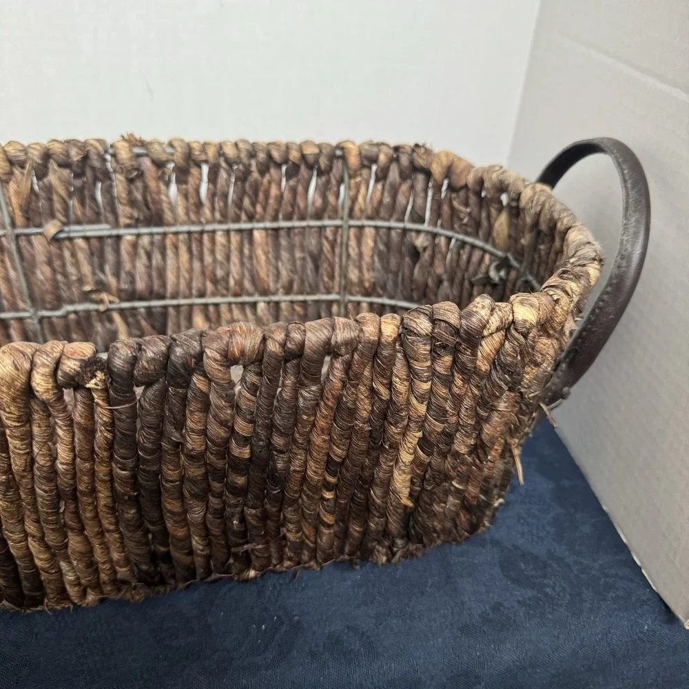 Long Wicker Basket Container Brown Seagrass Leather Handles Metal‎ Frame 19.5